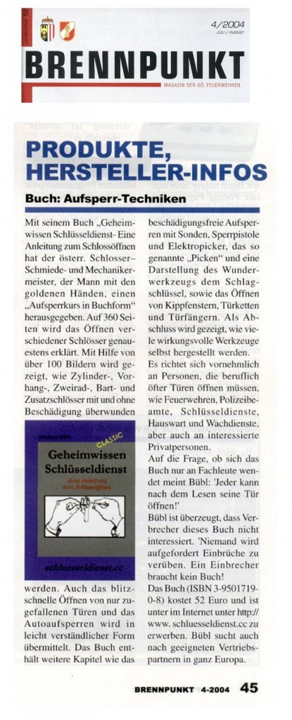 Brennpunkt In der Zeitschrift Brennpunkt ein Artikel über Geheimwissen Schlüsseldienst