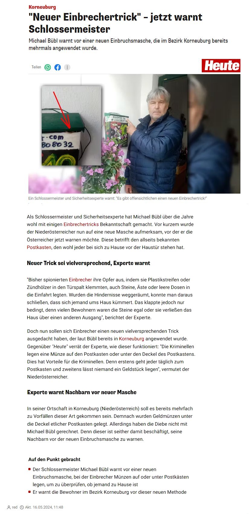 Einbrecher-muenze-heute-online Michael Bübl zeigt neuen Einbrechertrick mit Münze auf dem Postkasten