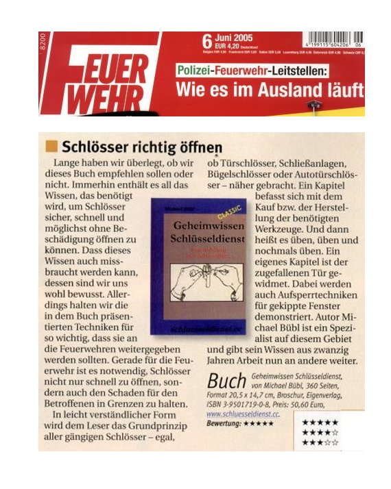 Feuerwehr-Magazin-deutsch Das Feuerwehr Magazin bringt grossen Artikel über Geheimwissen Schlüsseldienst und Türöffnung