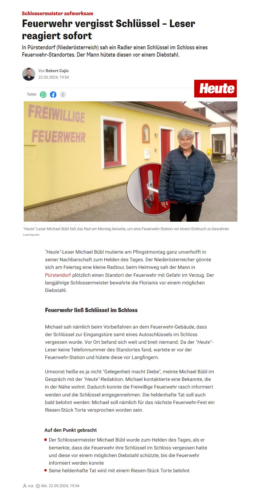 Feuerwehr-heute-online Online Bericht der Tageszeitung HEUTE über Michael Bübl und die Feuerwehr in Pürstendorf
