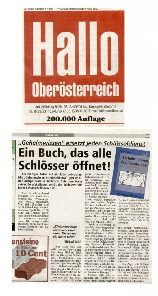 Hallo Oberösterreich Ein ganzseitiger Artikel in Hallo Oberösterreich über Geheimwissen Schlüsseldienst