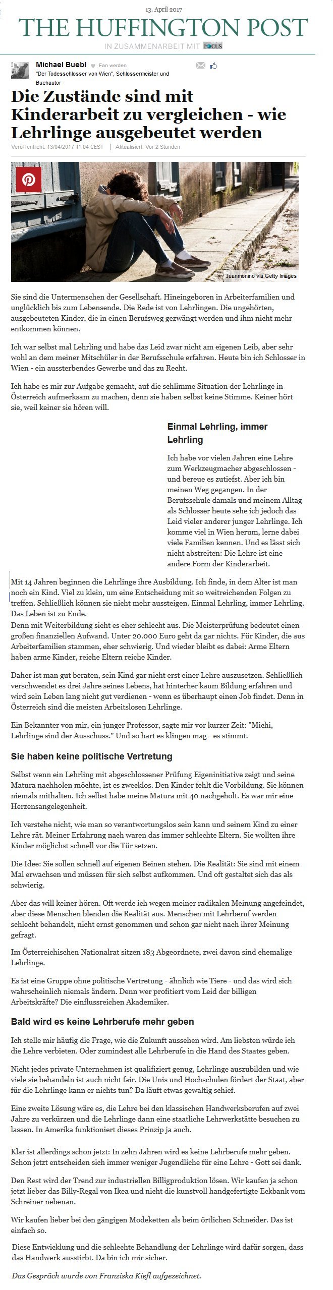 Huffington-Kinderarbeit-Lehrling Die Huffington Post bringt einen Artikel nach Interview mit Michael Bübl über Kinderarbeit in der Lehre