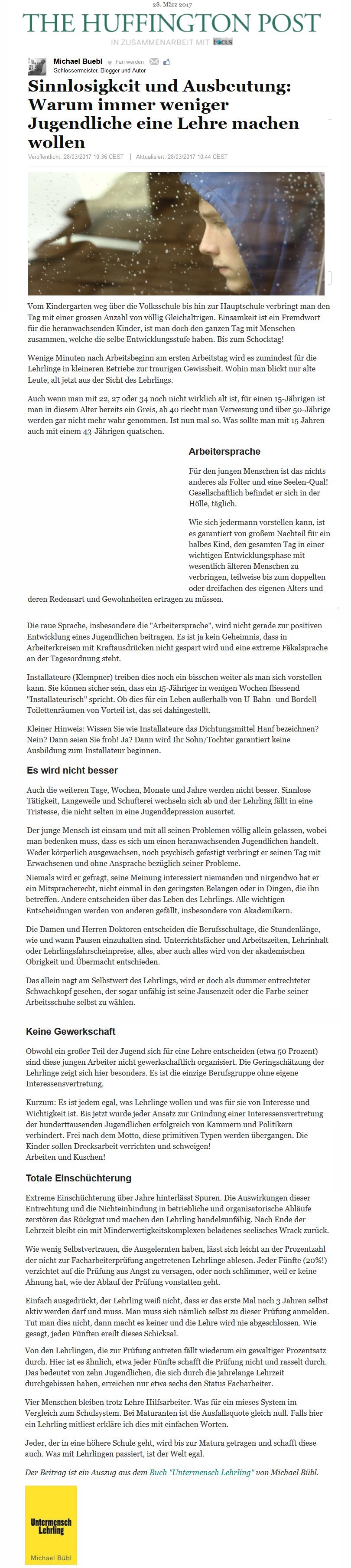 Huffington-Sinnlose-Lehre Die Huffington Post bringt Interview mit Michael Bübl über die sinnlose Berufsausbildung "Lehre"