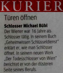 Kurier-Michael-Bübl-Türen-öffnen-1 Der Kurier berichtet über "Der Todesschlosser von Wien" von Michael Bübl