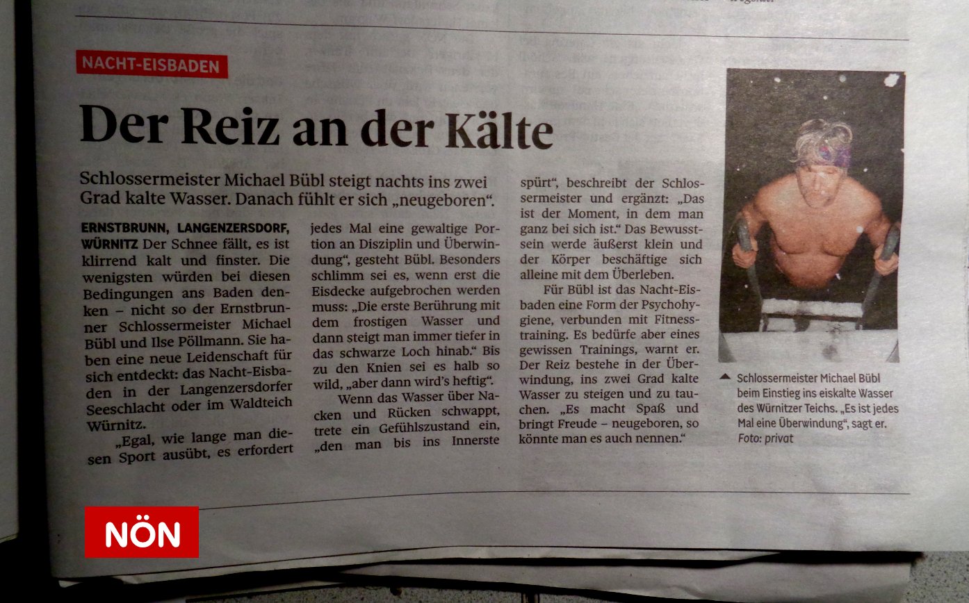 Noen-eisbaden Die niederösterreichischen Nachrichten bringen Artikel über Michael Bübl beim Eisschwimmen
