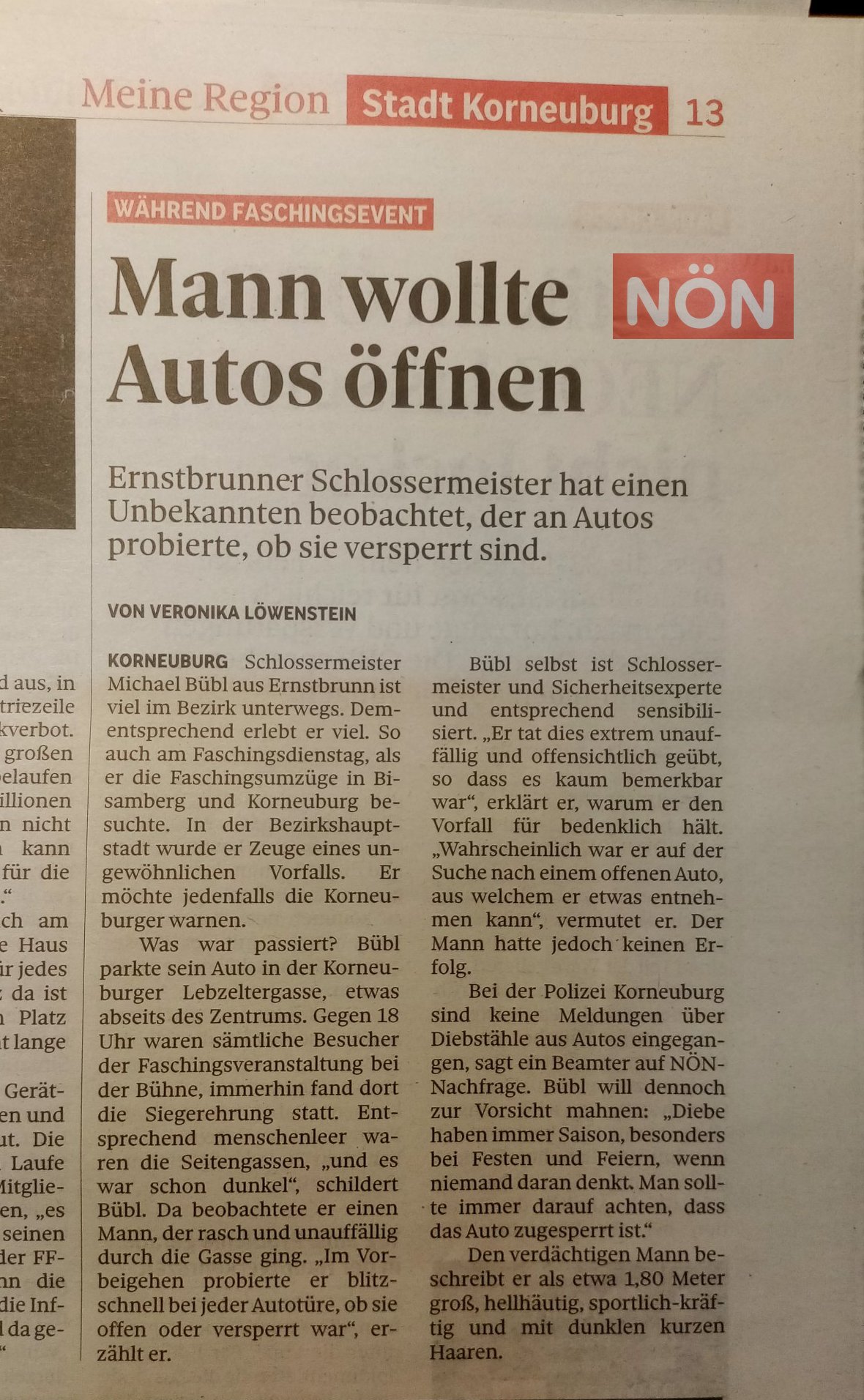 NÖN-Auto-Einbruch-print NÖN berichtet in der Printversion über einen vermeintlichen Autodieb in Korneuburg, den Schlossermeister Michael Bübl beobachtet hat