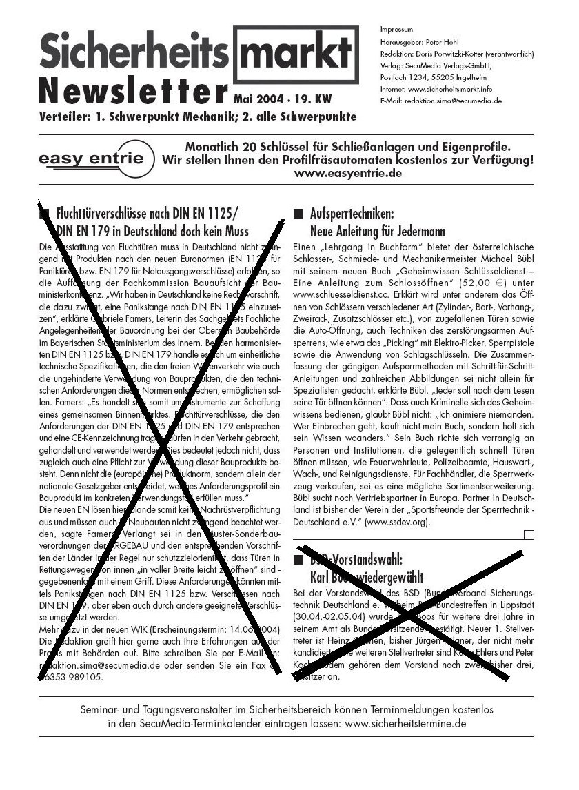 Sicherheitsmarkt-Newsletter Der Newsletter Sicherheitsmarkt versendet einen Bericht über Geheimwissen Schlüsseldienst