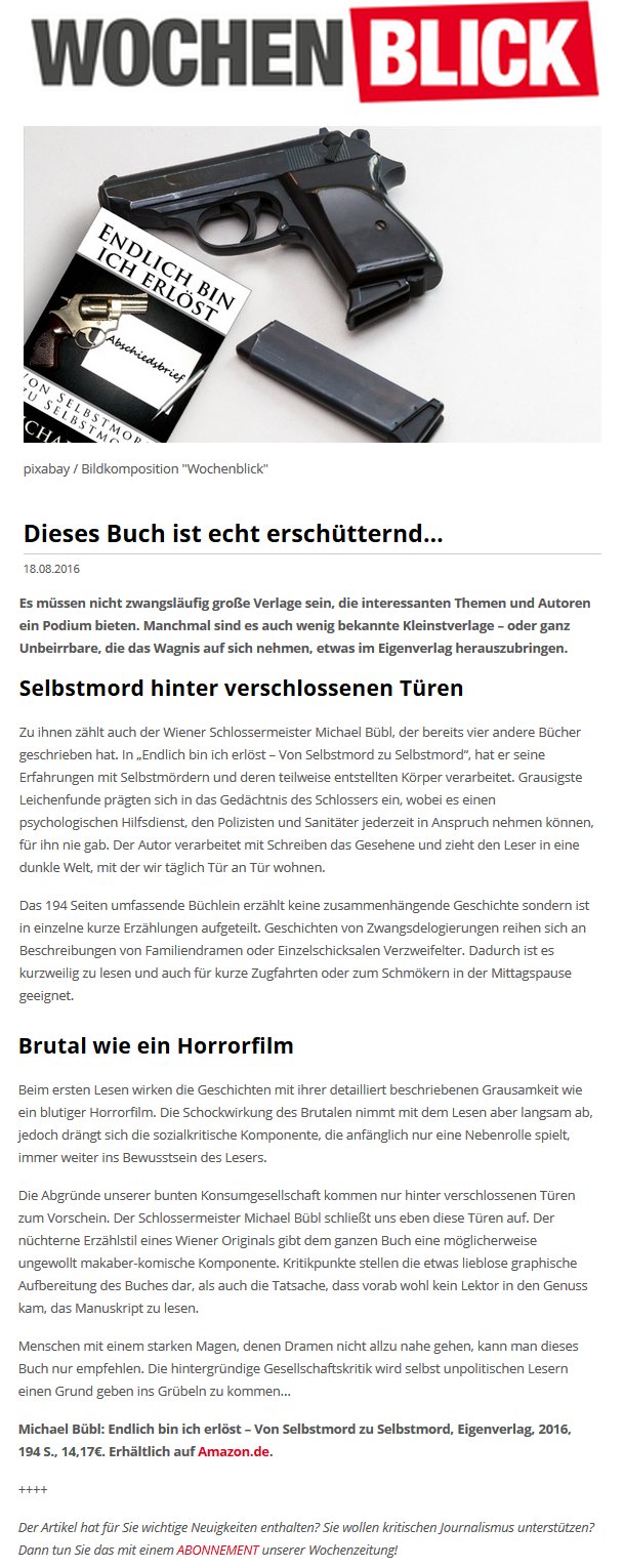 Wochenblick-Endlich-bin-ich-erlöst-online-1 Der Wochenblick bringt einen Online Artikel über "Endlich bin ich erlöst" von Michael Bübl