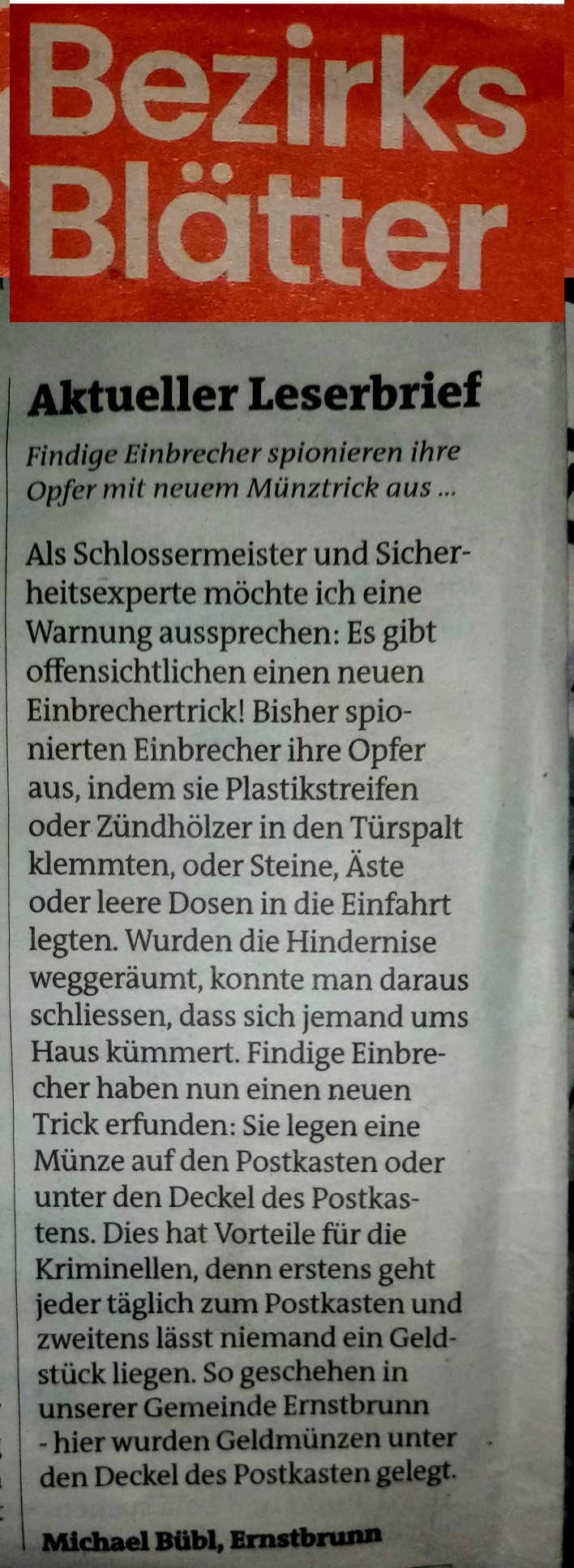 bezirksblatt-leser-brief Bezirksblätter Münzeinbrecher