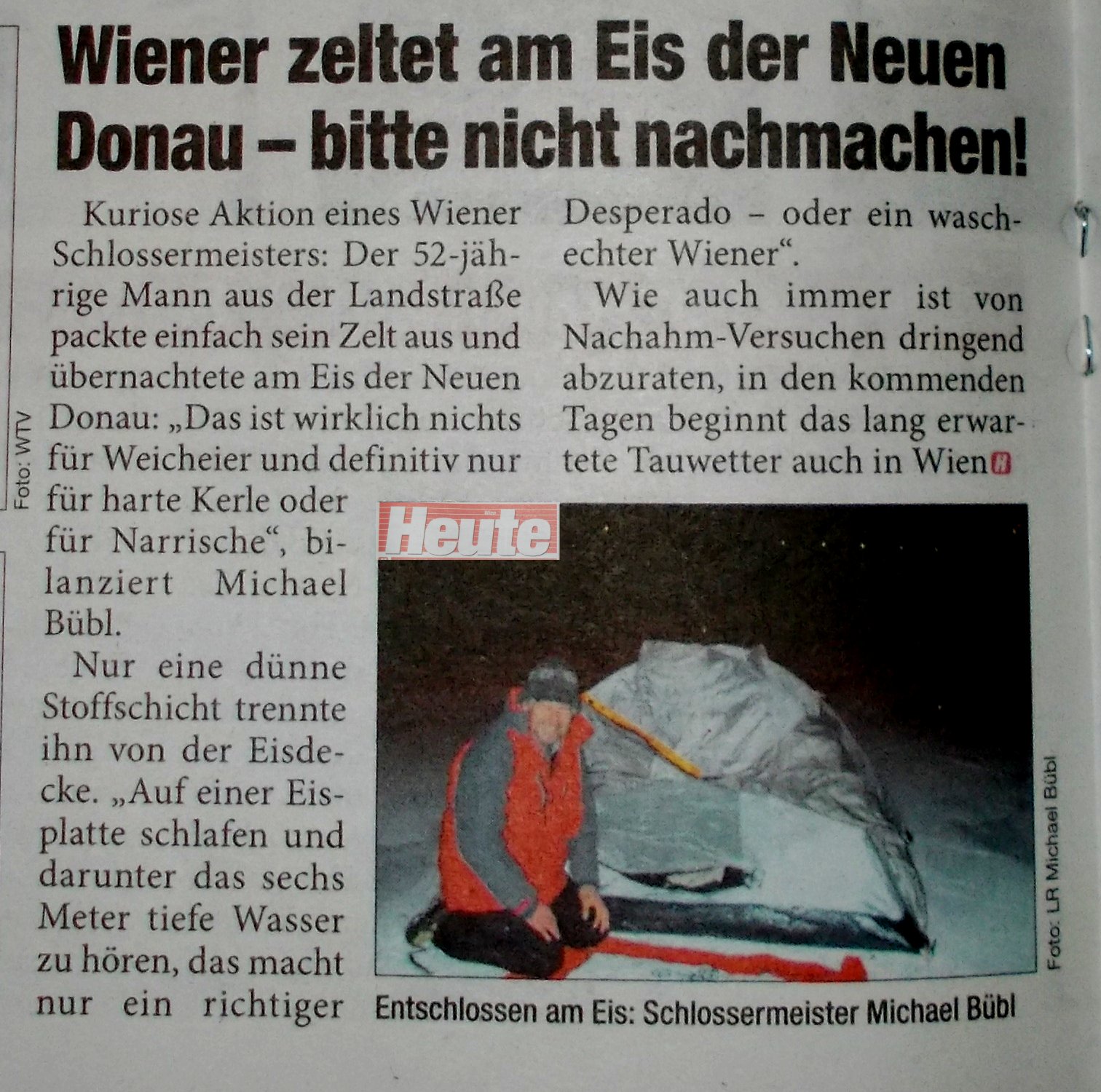 eis-camping-zelten-wien Die HEUTE berichtet über das die Nacht im Zelt auf der zugefrorenen Donau von Michael Bübl