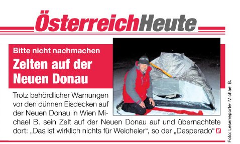 eiscampen-heute-oberoesterreich Eiscampen: Michael Bübl zeltet auf zugefrorener Donau - Die Heute berichtet