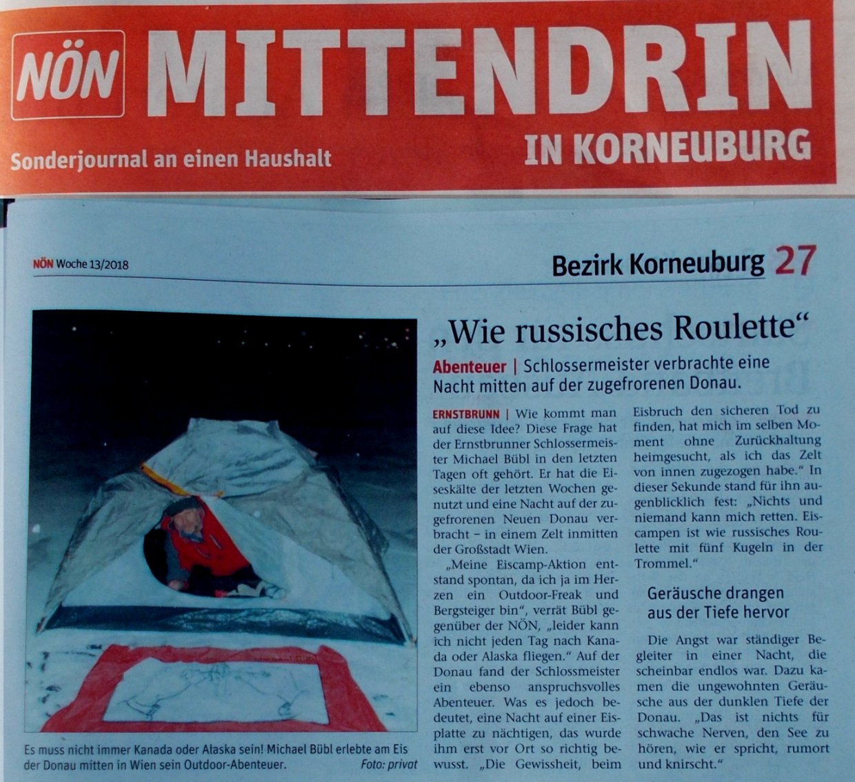 eiscampen-noen-mittendrin-buebl In der Ausgabe "Mittendrin" der NÖN wird über Eiscamper Michael Bübl berichtet
