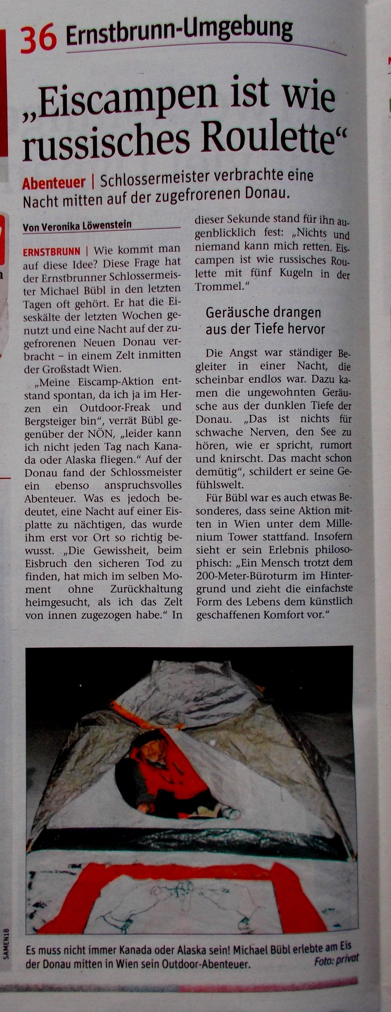 eiscampen-noen-print-buebl Eiscampen: Die NÖN berichtet über Michael Bübl als Camper auf Eis