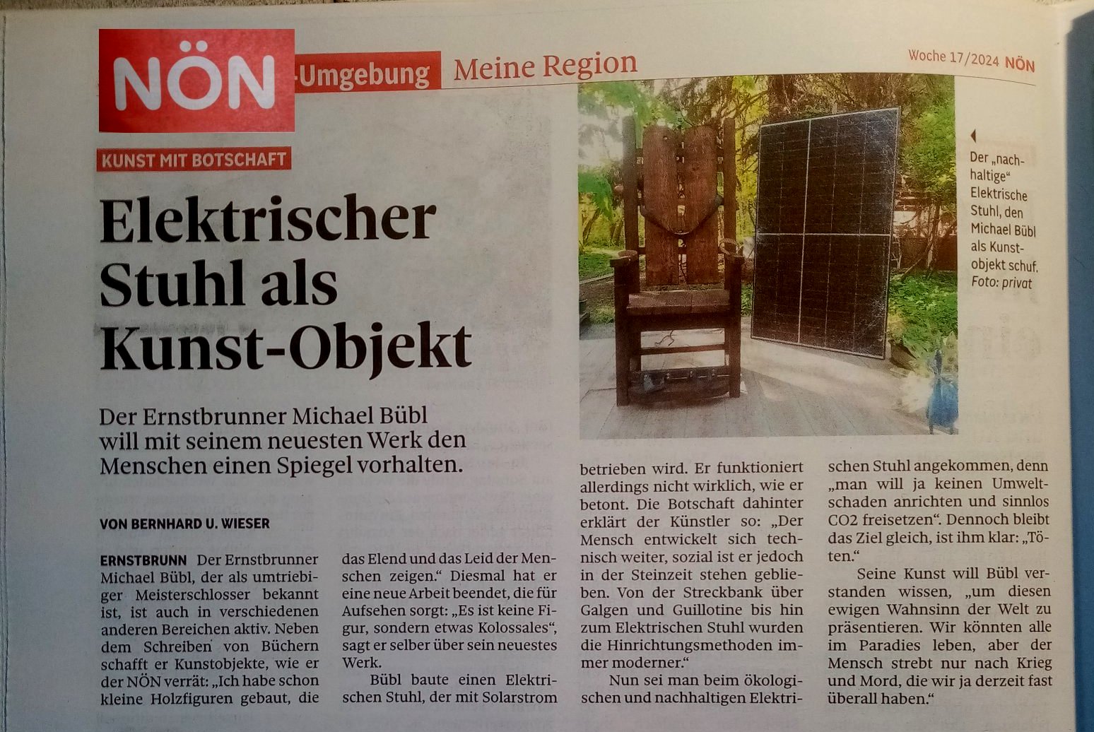 elektrischer Stuhl nön Zeitungsbericht über den Umweltfreundlichen Elektrischen Stuhl in der Wochenzeitung NÖN