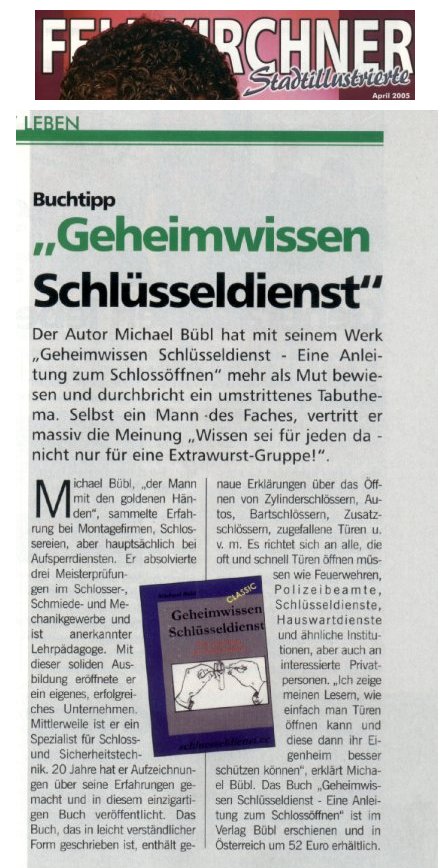feldkrichner Stadtillustrierte Die Feldkrichner Stadtillustrierte bringt Artikel über Michael Bübl und Geheimwissen Schlüsseldienst