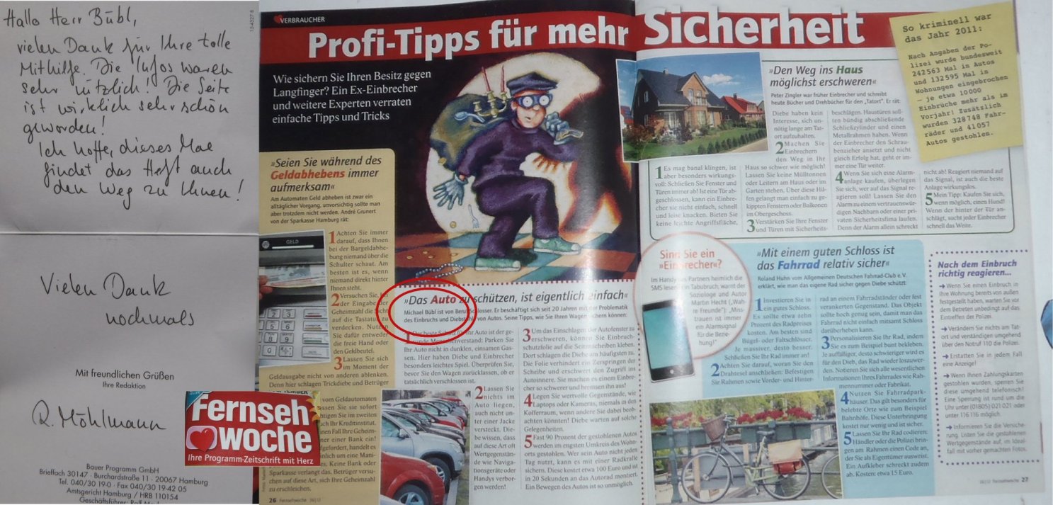 fernsehwoche-gesamt Die Fernsehwoche bringt einen doppelseitigen Artikel über die neusten Einbruchsmethoden und Einbrecherticks nach Interview mit Michael Bübl