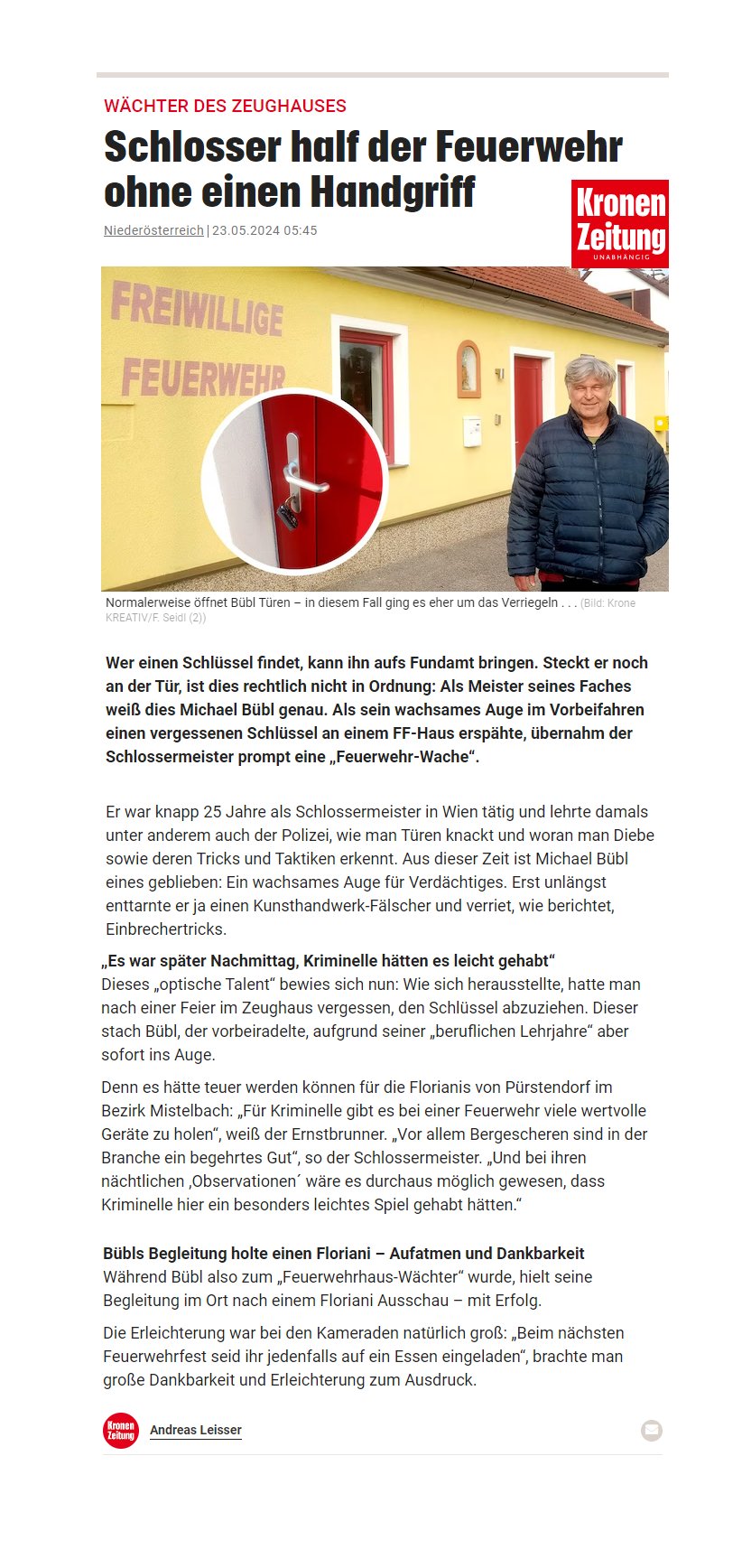 feuerwehr-krone-online Ein Onlinebericht der Kronenzeitung über die Feuerwehr Pürstendorfer und den vergessenen Schlüssel
