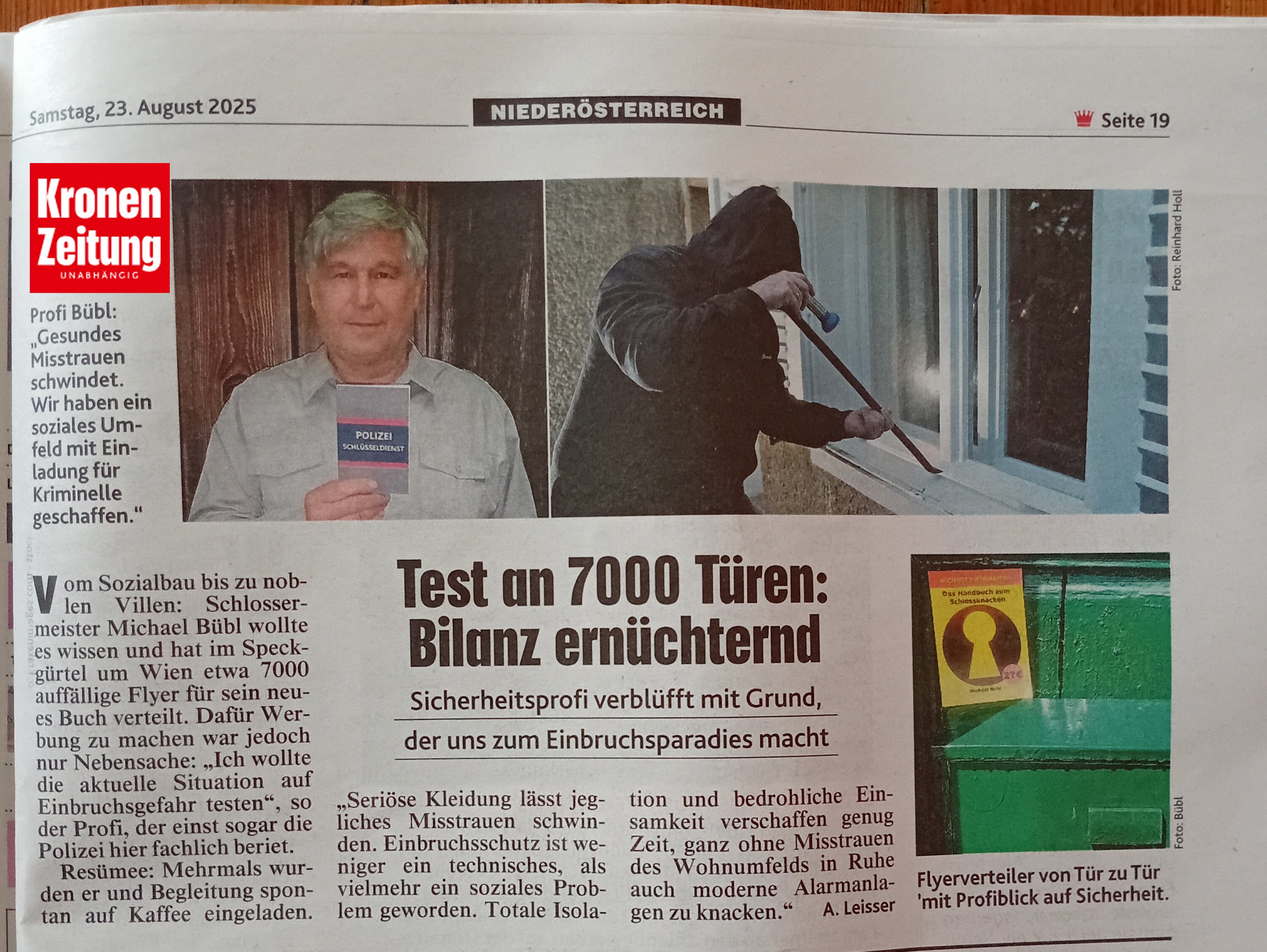 handbuch-krone-100 Bericht über Werbeaktion und Einbrecherstudie in der gedruckten Kronen Zeitung