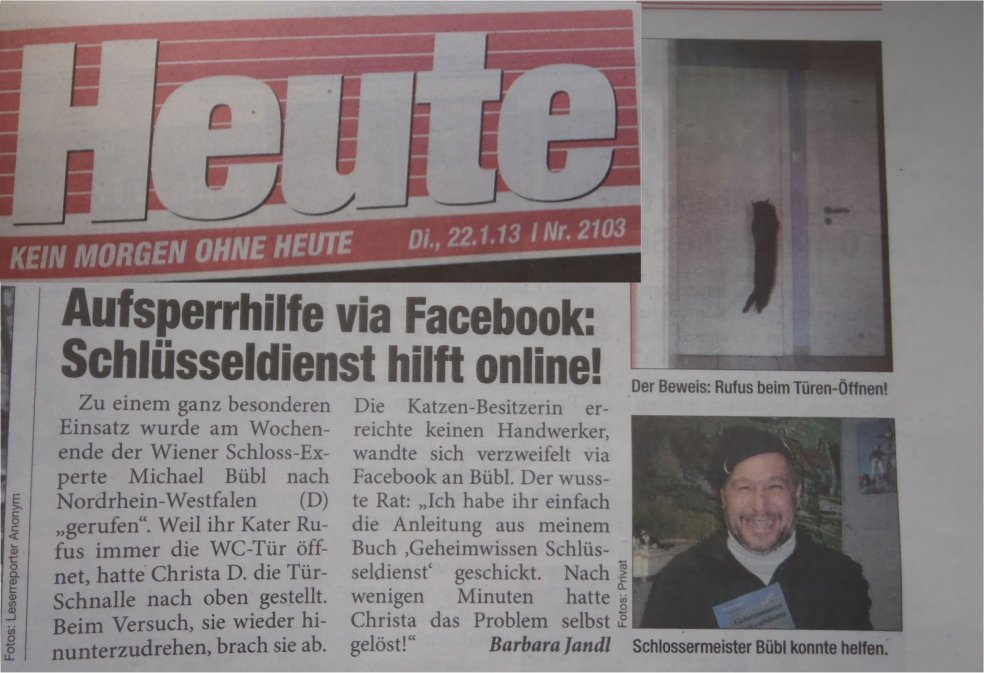 heute-facebook-schluesseldienst Die Tageszeitung HEUTE bringt einen Bericht über Aufsperrhilfe von Michael Bübl mittels Facebook - Rufus hat Frauerl ausgesperrt