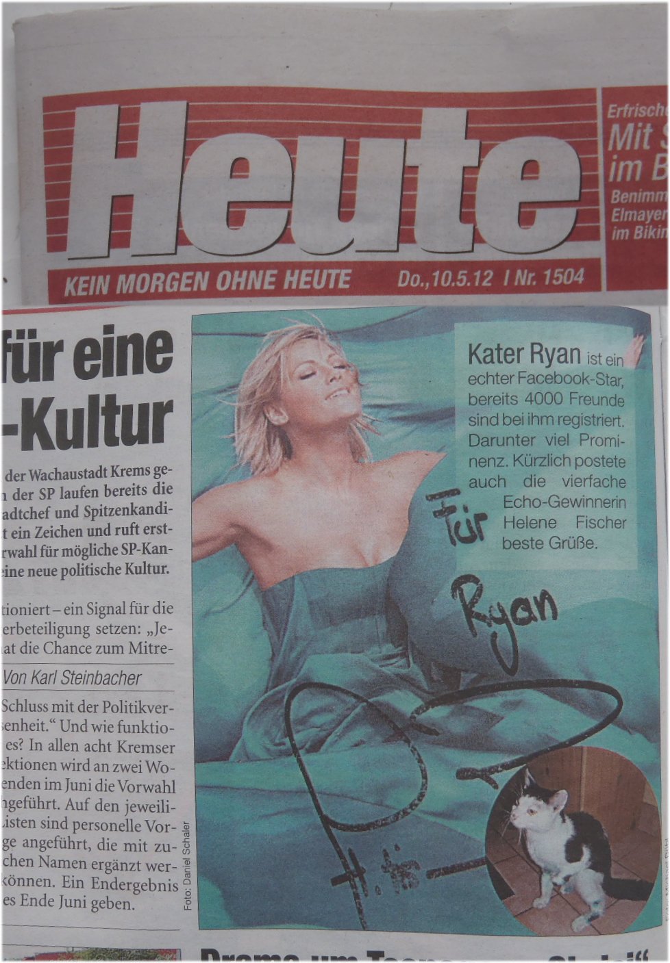 heute-helene-fischer-print-ryan Michael Bübl rettet Ryan der Kater - Helene Fischer schreibt Glückwunschkarte - Die HEUTE berichtet