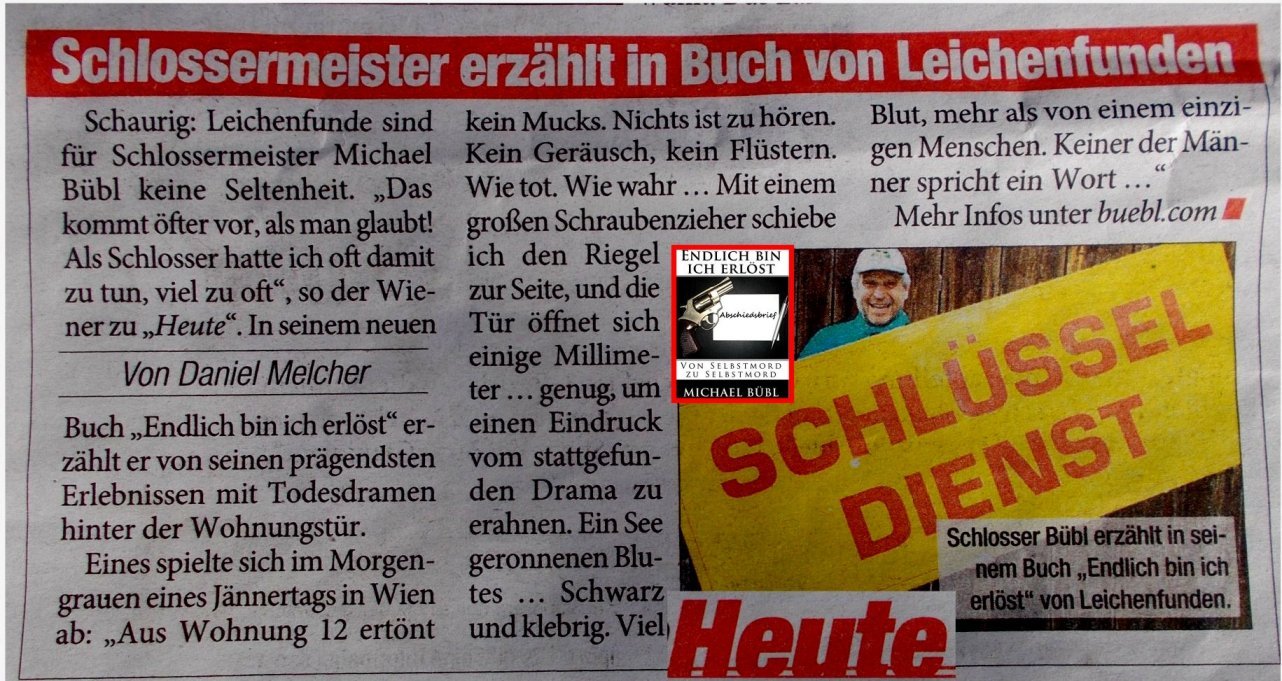 heute-leichenfund Die "Heute" druckt Artikel über Michael Bübl und seinem Buch "Endlich bin ich erlöst"