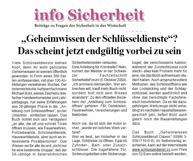 info-sicherheit Die Fachzeitung Info Sicherheit bringt Artikel über Geheimwissen Schlüsseldienst