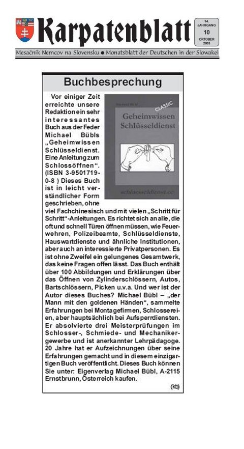 karpatenblatt Ein schöner Artikel im Karpatenblatt über Geheimwissen Schlüsseldienst und Michael Bübl