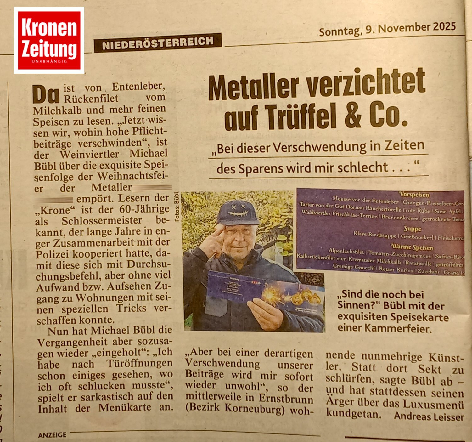 krone-WKO-wind Bericht über die Weihnachtsfeier bei der "Schlosserinnung" der WKO mit Delikatessen, wie Trüffel und Entenleber