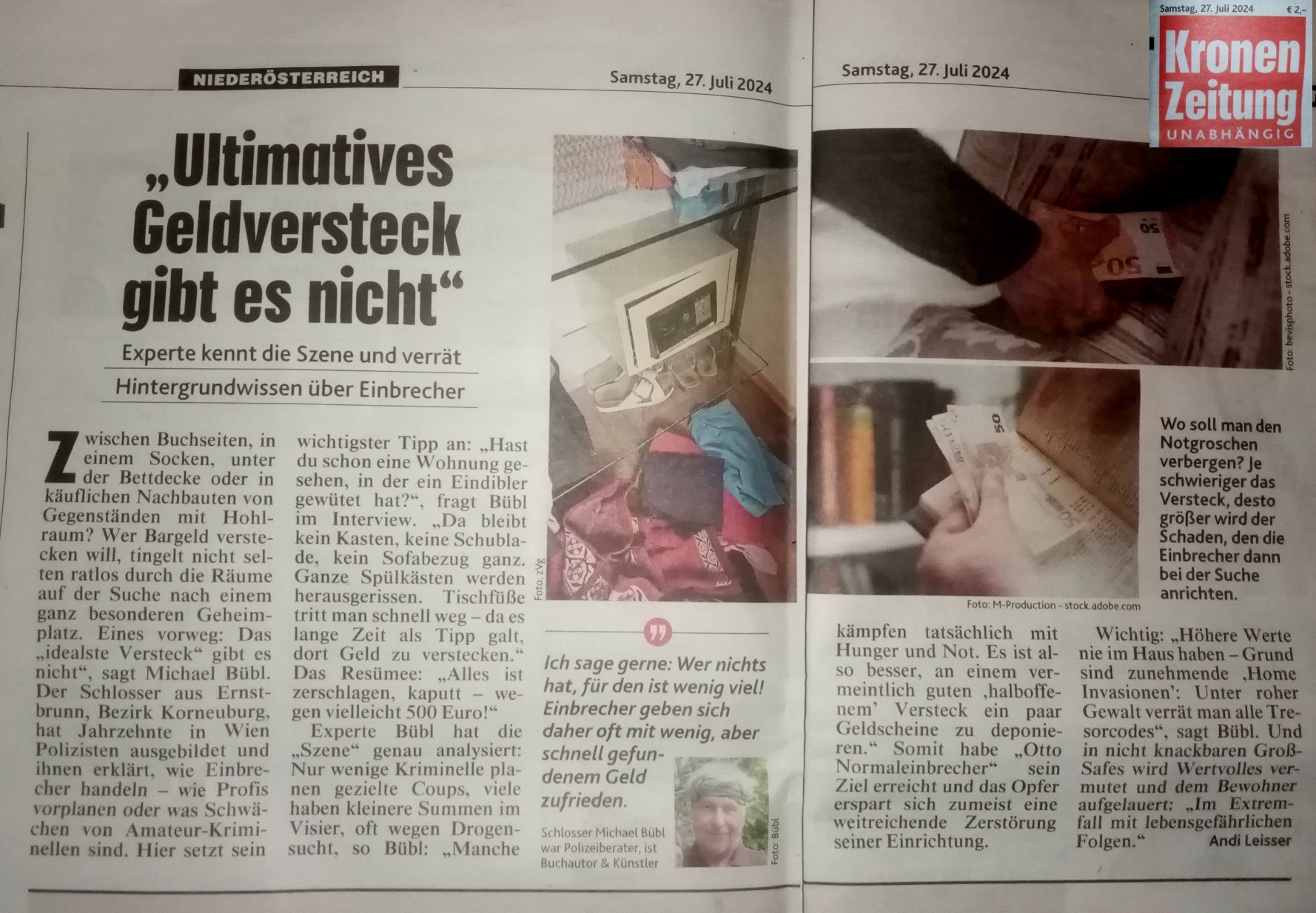 krone-geldversteck-print-50 Die Kronenzeitung bringt einen Artikel über Michael Bübl und Ratschläge über sichere Verstecke bei Einbrüchen