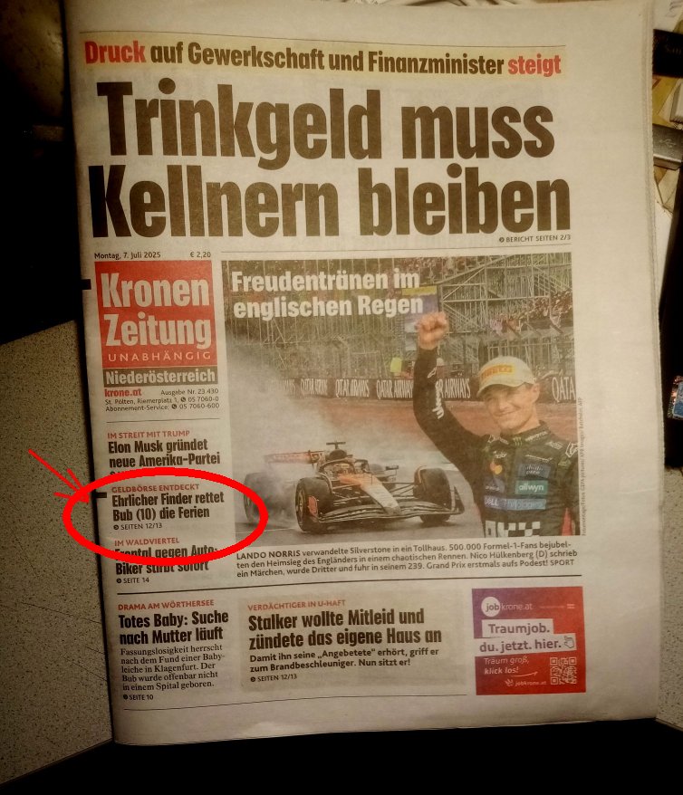 krone-titelseite-p Auf der Titelseite der Kronenzeitung wird Finder Michael Bübl erwähnt