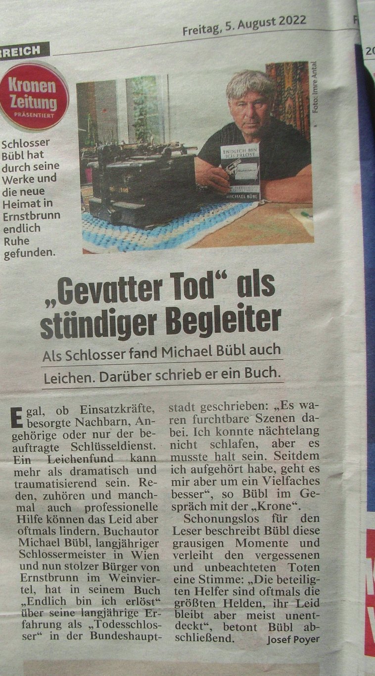 kronenzeitung-endlich bin ich erlöst Die Kronenzeitung berichtet über den schwersten Einsätze von Michael Bübl in seinem Beruf und seinem Buch "Endlich bin ich erlöst"
