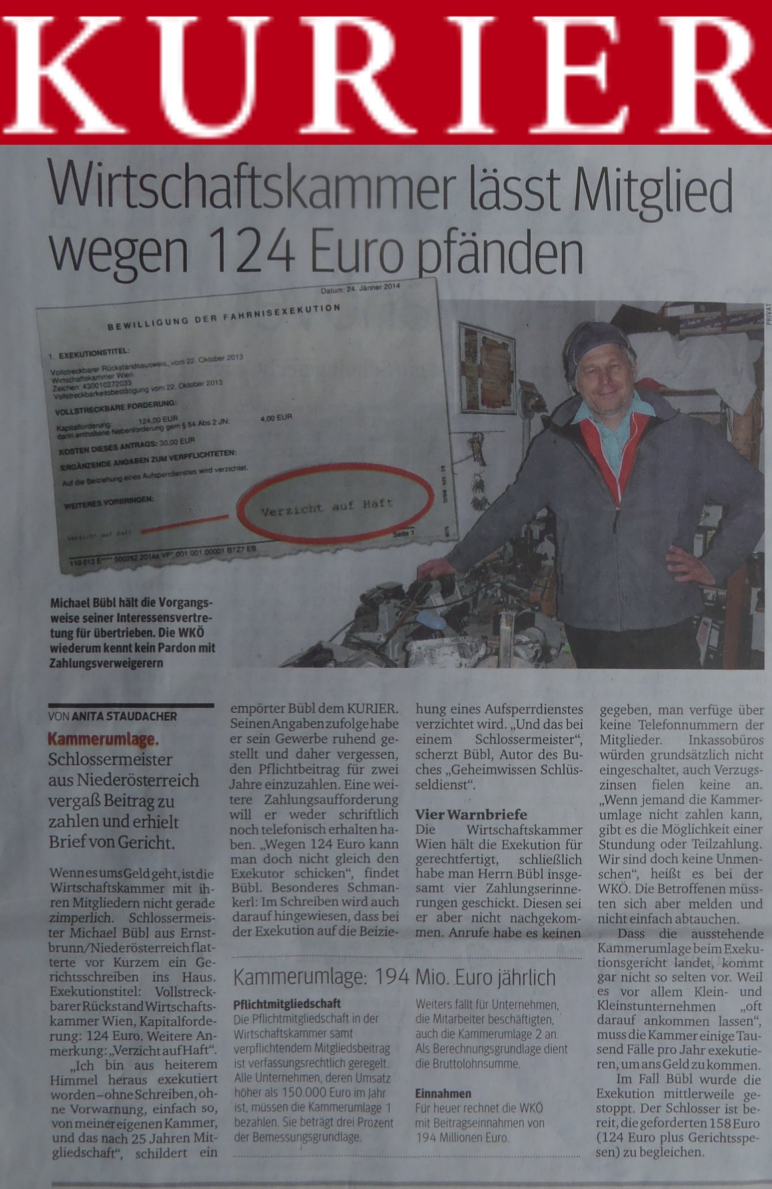 kurier-buebl-wko Der KURIER berichtet ganzseitig über die Pfändung von Michael Bübl durch die WKO
