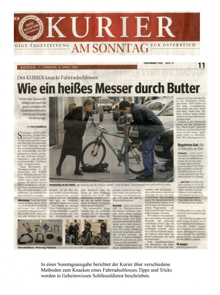 kurier-sonntag-fahrrad Tageszeitung der Kurier berichtet über Methoden des Fahrraddiebstahls