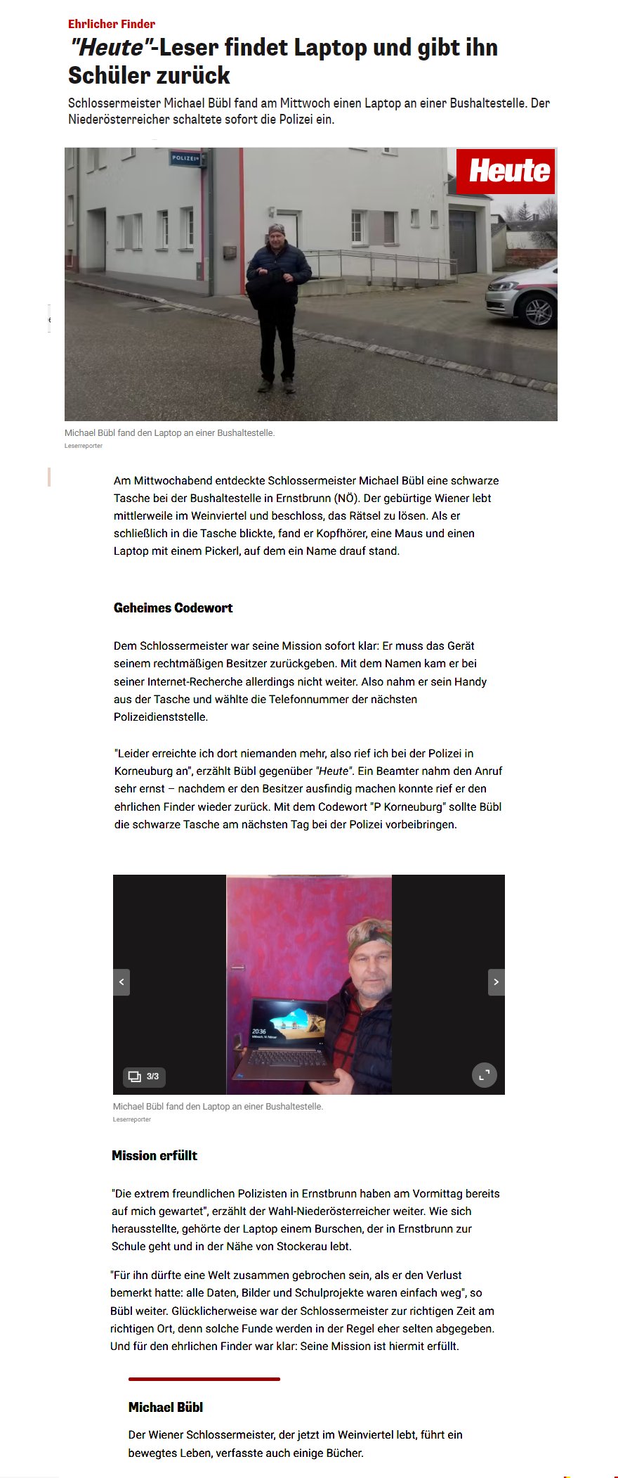 laptop-heute-online Michael Bübl hat einen Laptop in Ernstbrunn/ Niederösterreich gefunden und mit Hilfe der Polizei dem Besitzer zurückgegeben