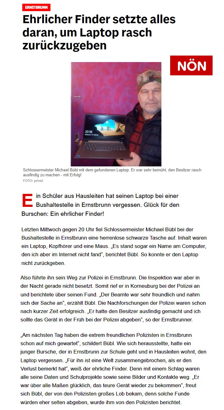 laptop-noen-online Michael Bübl findet Laptop und bringt ihn mit Hilfe der Polizei zurück: NÖN berichtet online