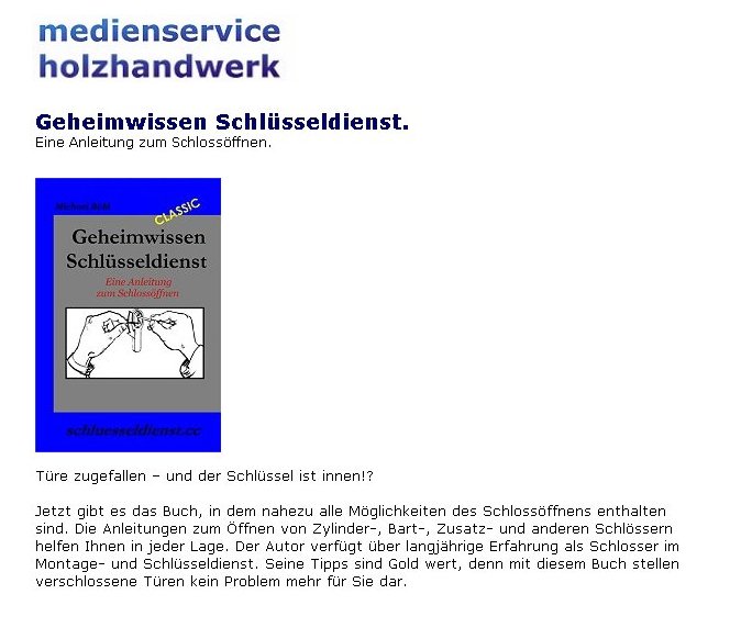 medienservice-holzhandwerk Rezension für Geheimwissen Schlüsseldienst im Holzhandwerk