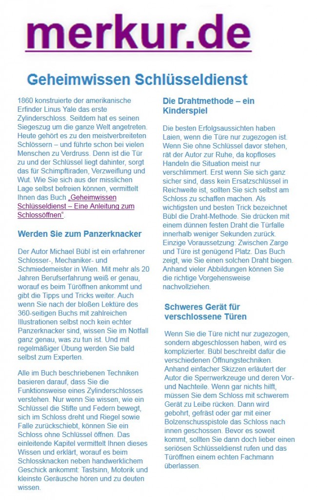 merkur.de Der "Merkur" berichtet über Geheimwissen Schlüsseldienst