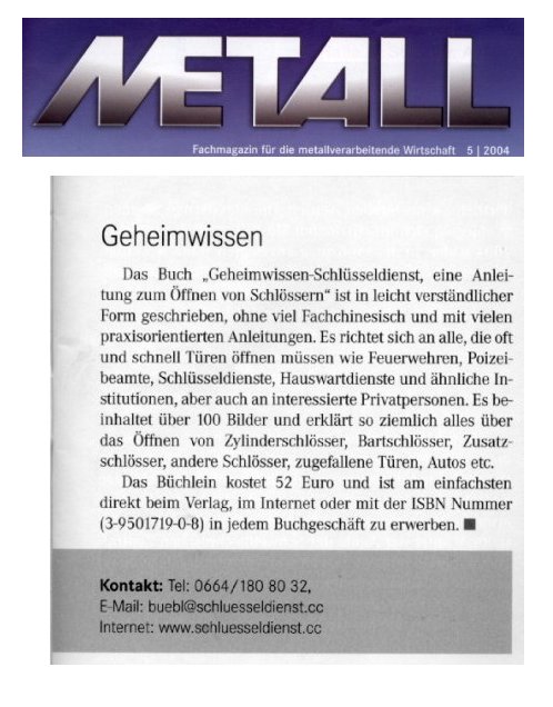metall Die Fachzeitung METALL berichtet über Geheimwissen SChlüsseldienst