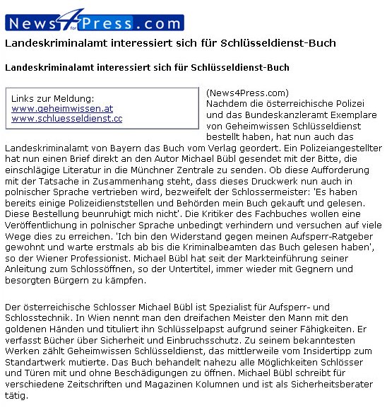 newspresstext Eine Meldung über Geheimwissen Schlüsseldienst in der Newspresse