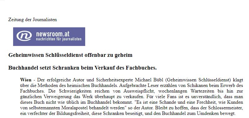 newsroom-zeitung der Journalisten Newsroom - Die Zeitung der Journalisten bringt eine Pressemeldung über Geheimwissen Schlüsseldienst