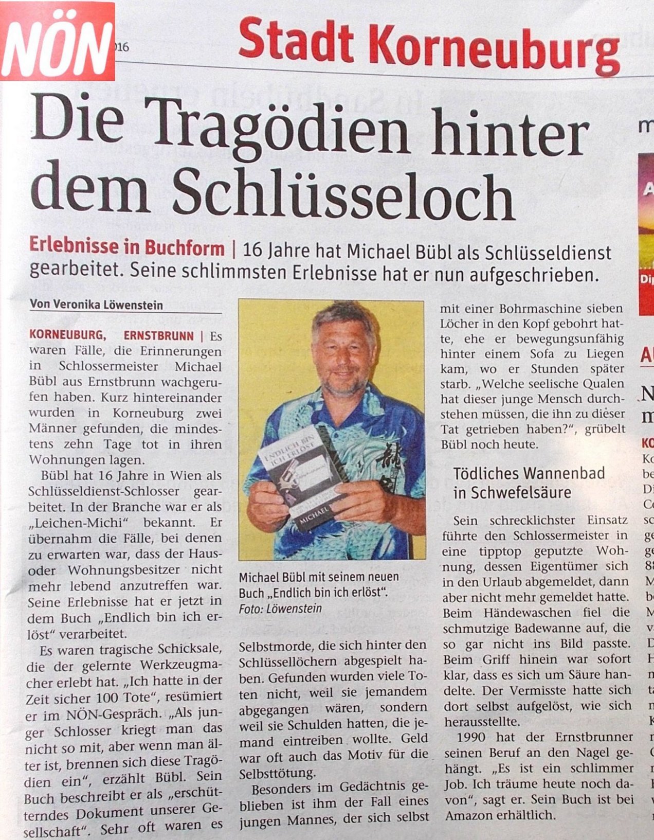 noen-endlich-bin-ich-erloest Die Niederösterreichischen Nachrichten bringen einen ganzseitigen Bericht über die Tragödien hinter den Türen - Über das Buch "Endlich bin ich erlöst" von Michael Bübl