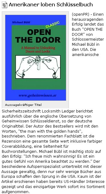 openpressnovember Pressemeldung über die englische Version von Geheimwissen Schlüsseldienst "open the door"