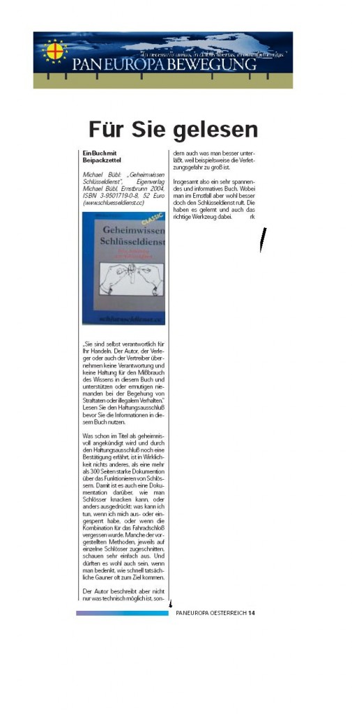 paneuropa Bewegung Das Magazin Paneuropa Bewegung bringt einen Artikel über Geheimwissen Schlüsseldienst