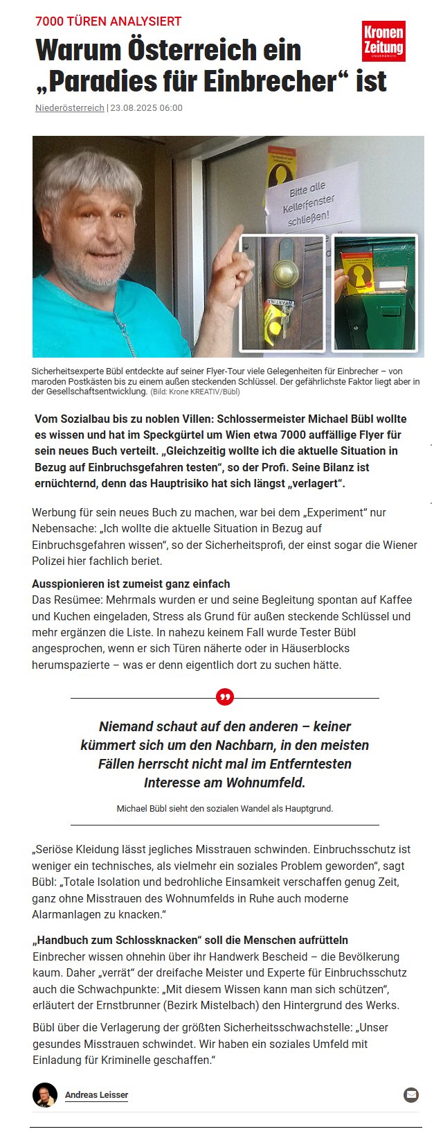 paradies-der-einbrecher-krone-online Bericht in der Kronenzeitung über das Paradies der Einbrecher und meine Studie