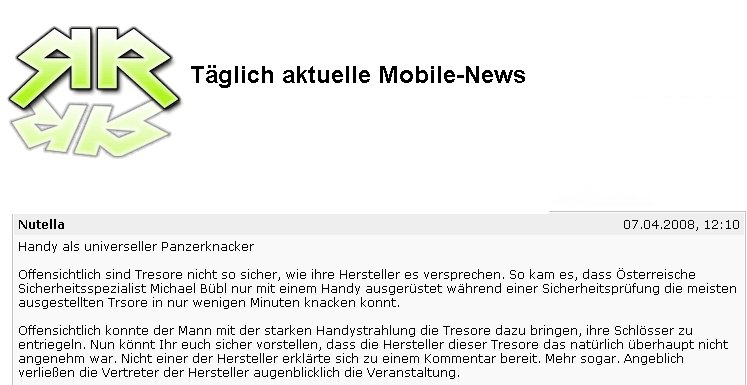 raidrush Mobiltelefon Blogg berichtet über Tresoröffnen mit Handi