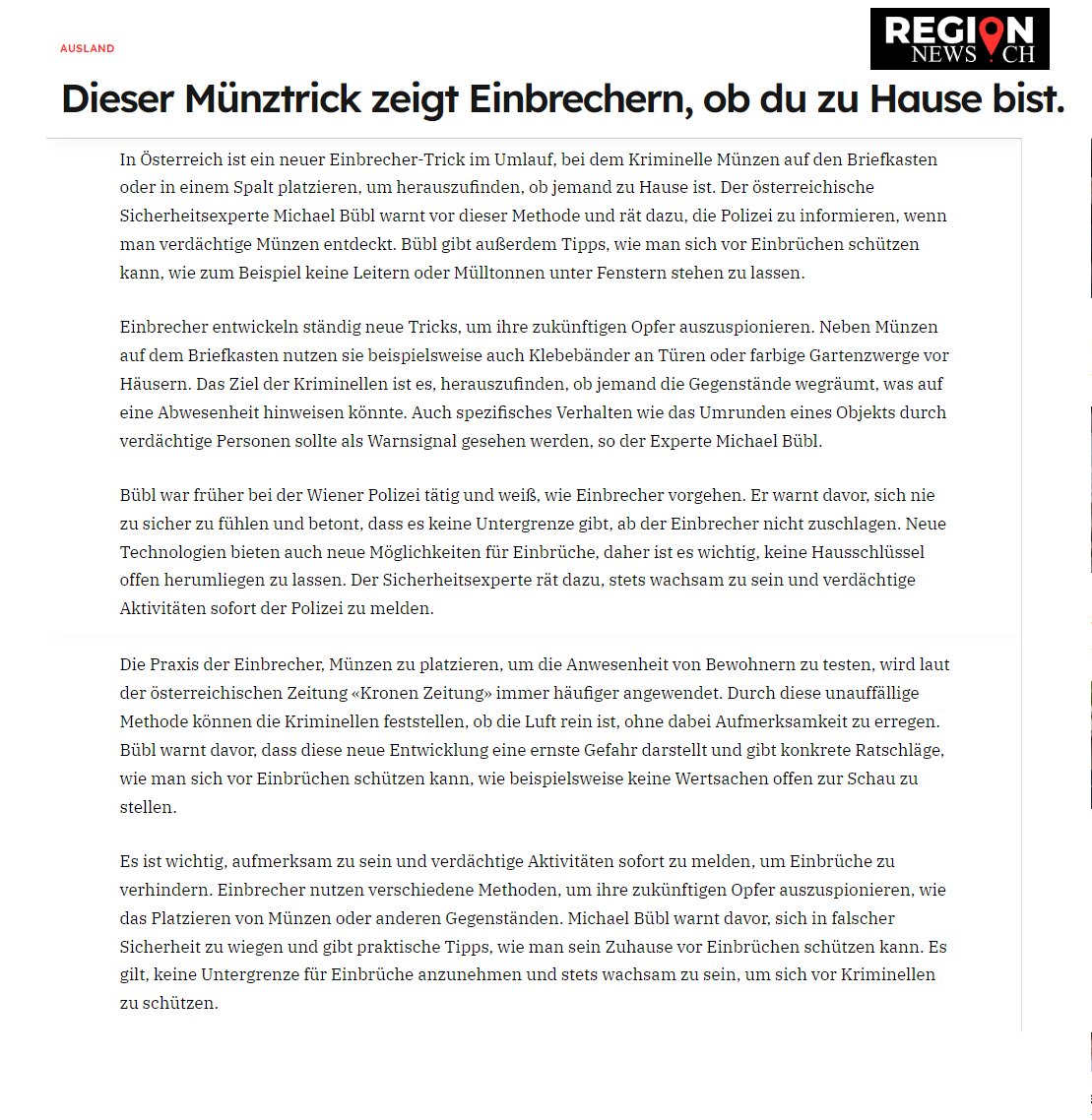 regionnews-münz-einbrecher schweiz Region News Postkasten Einbrecher