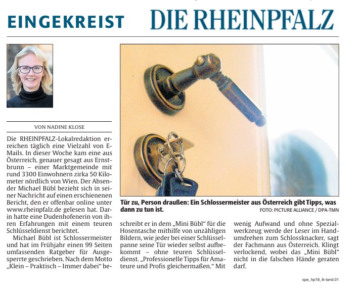 rheinpfalz-pdf-bübl Bericht in der Rheinpfalz Zeitung über den Mini Bübl - Das kleine, aber sehr schlaue Buch über den Schlüsseldienst