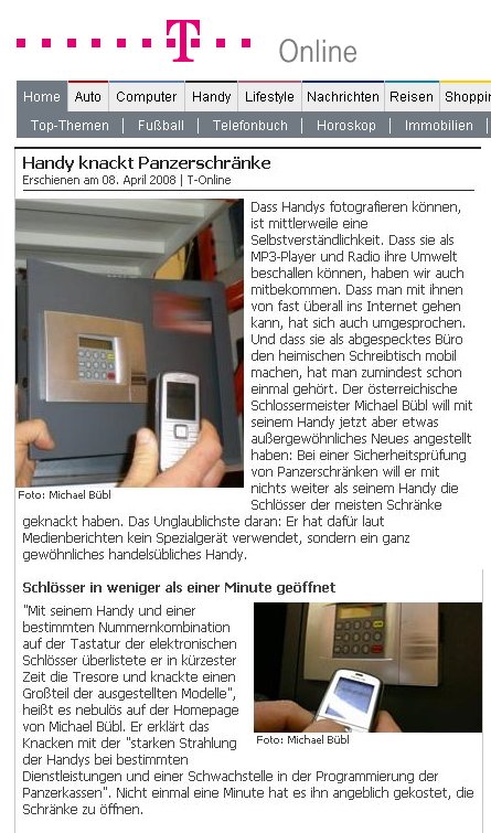 t-online T-Online berichtet über Tresorknacken mit dem Mobiltelefon