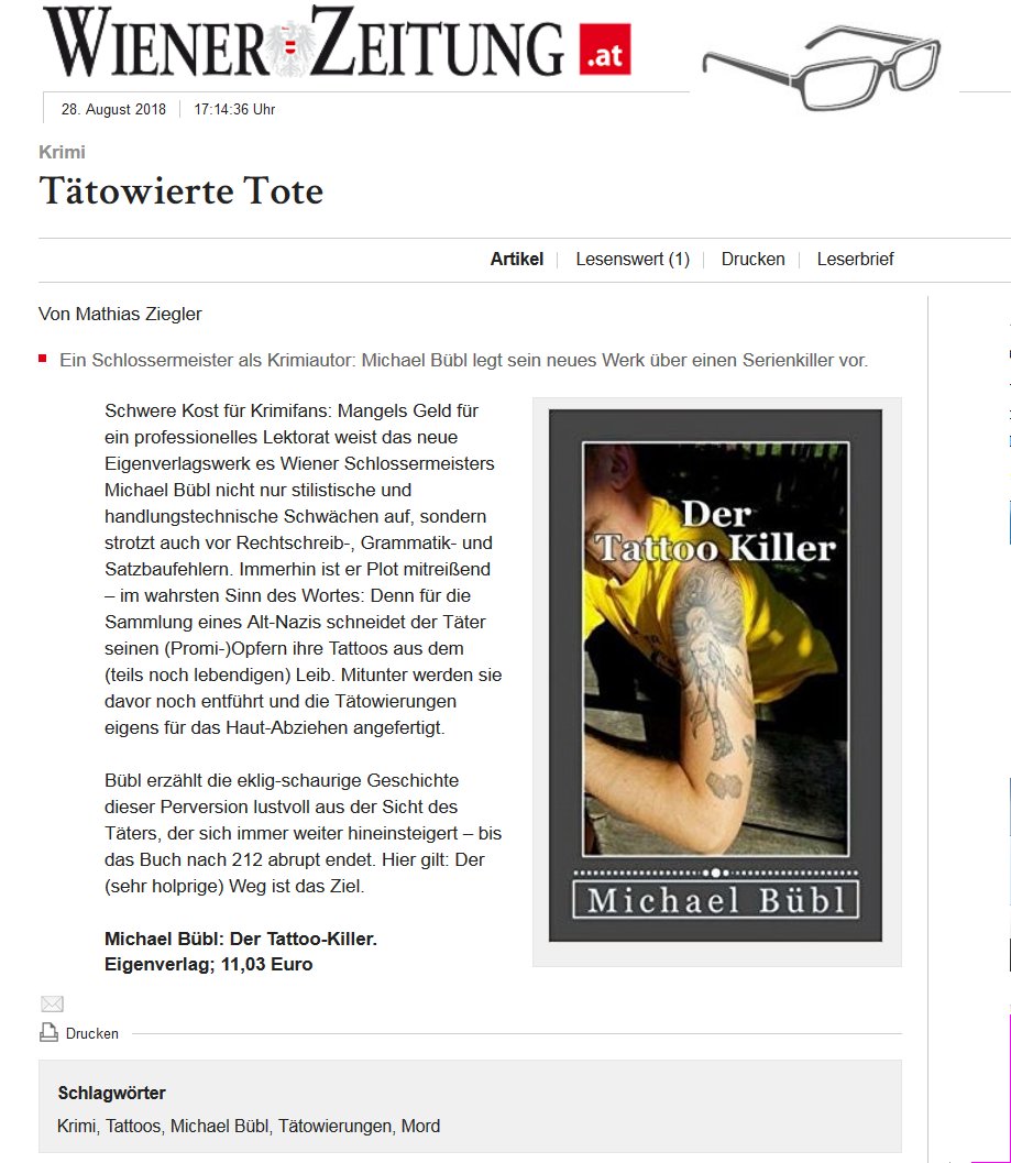 tattoo-killer-wiener-zeitung Die Wiener Zeitung berichtet über den Thriller "Der Tattoo Killer" von Michael Bübl