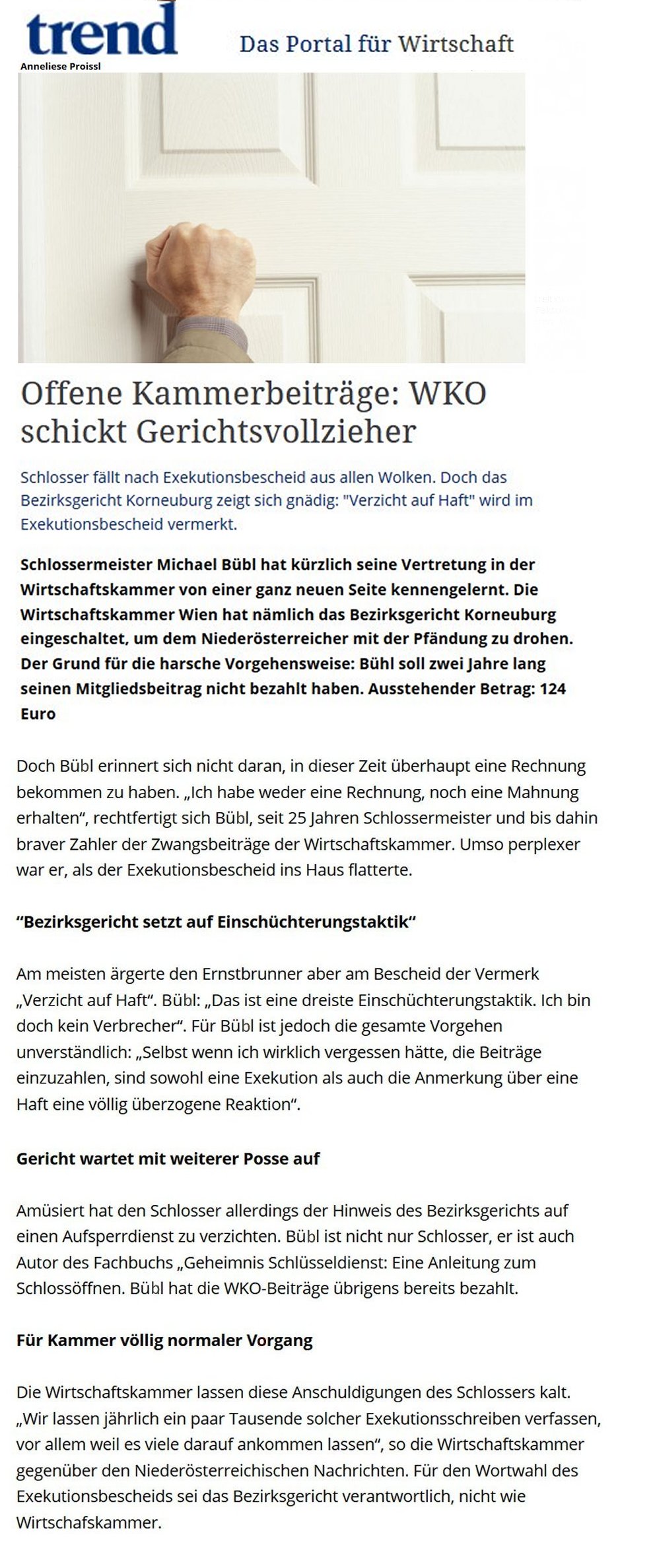 trend-wko-buebl Das Wirtschaftsmagazin TREND bringt Artikel über die Pfändung von Michael Bübl